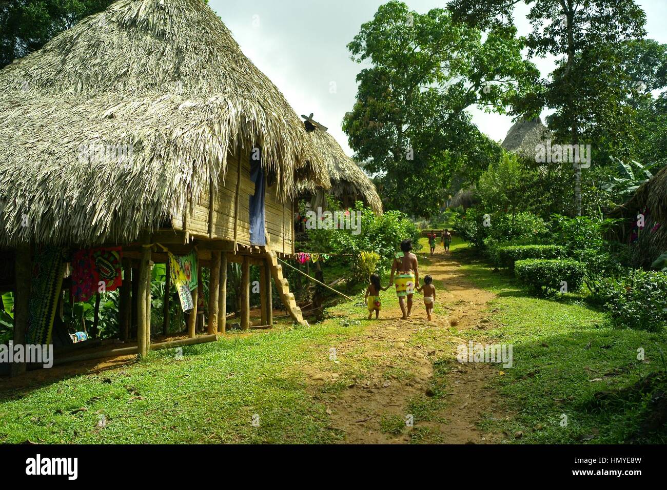 Over the last quarter-century, a few Embera families pushed further north of Darien, settling in the jungles bordering the Chagres River -- a scant tw Stock Photo