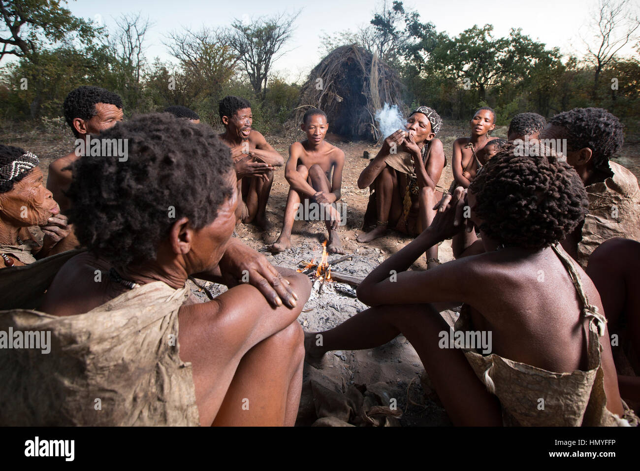 San Bushmen gather around a fire at dusk Stock Photo - Alamy