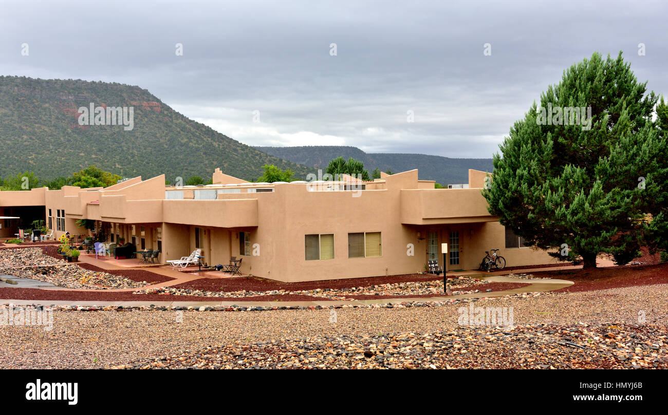 Southwest desert landscaping around apartment building near Sedona