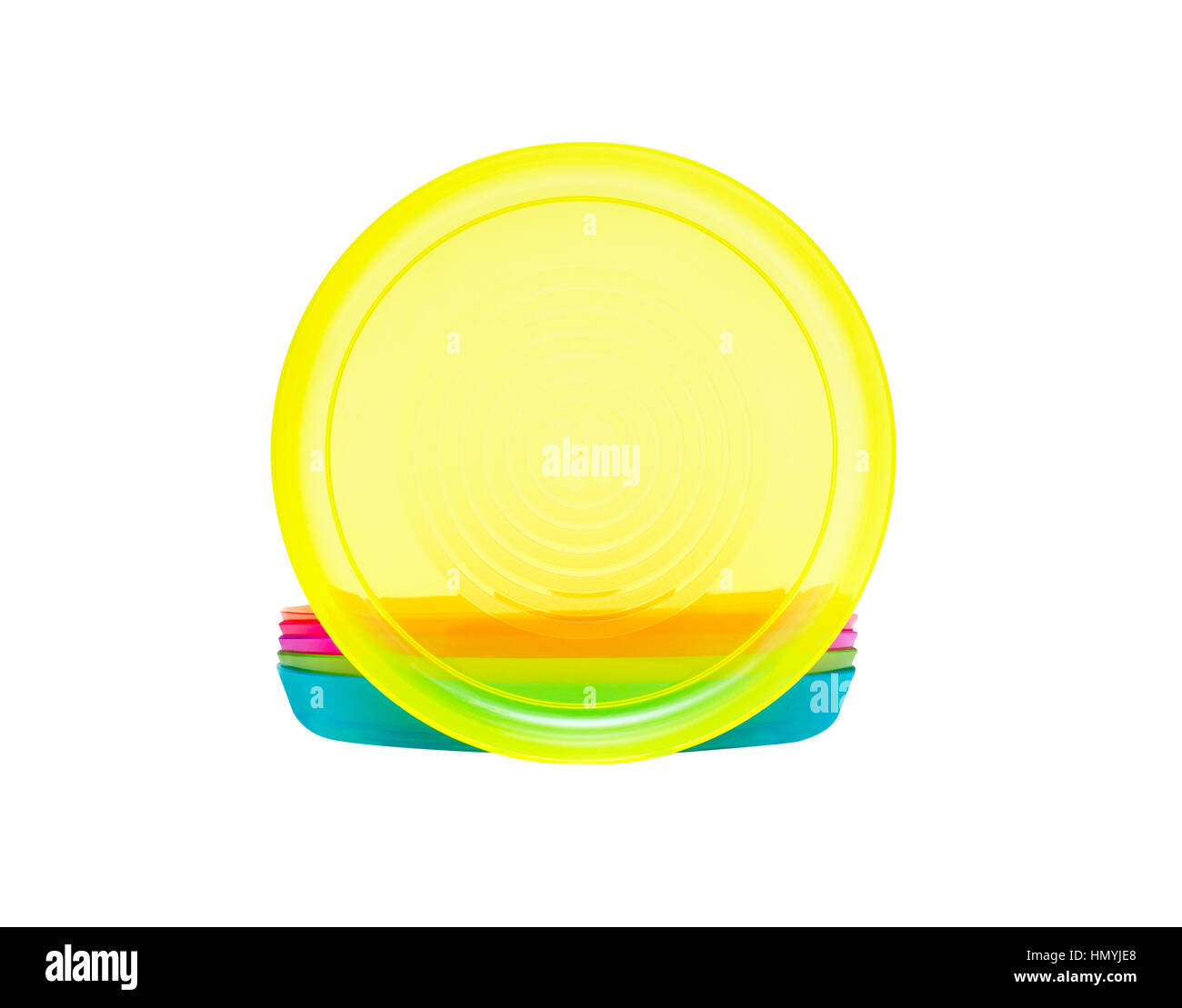 Bright plastic disposable tableware isolated on white Stock Photo