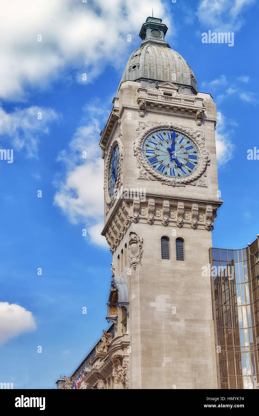 Paris. Tower of Station Gare de Lyon-  is one of the oldest and most beautiful train stations in Paris. Stock Photo