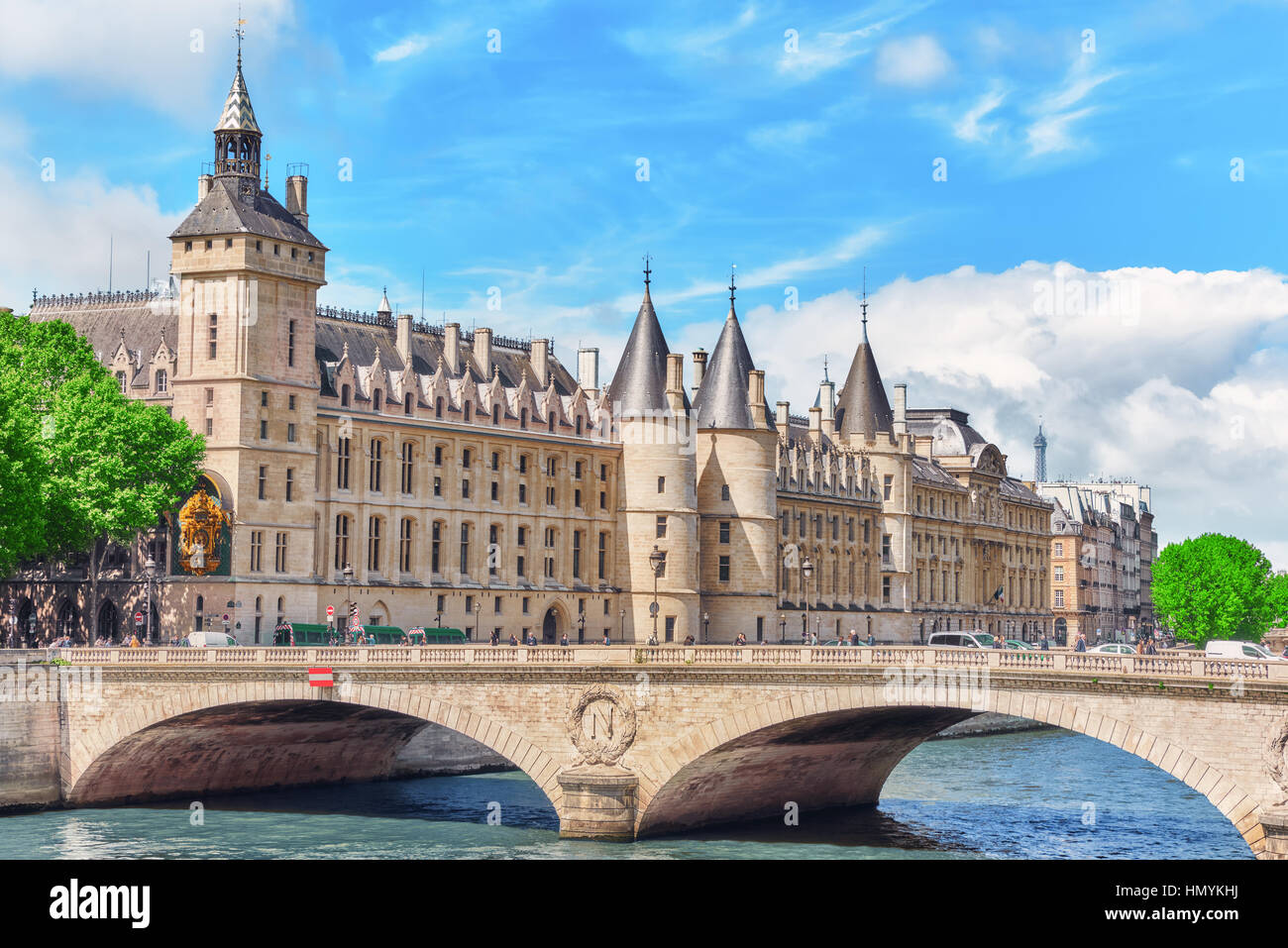 PARIS, FRANCE - JULY 04, 2016 :Castle - Prison Concierges and Exchange Bridge on the Seine in Paris. France. Stock Photo
