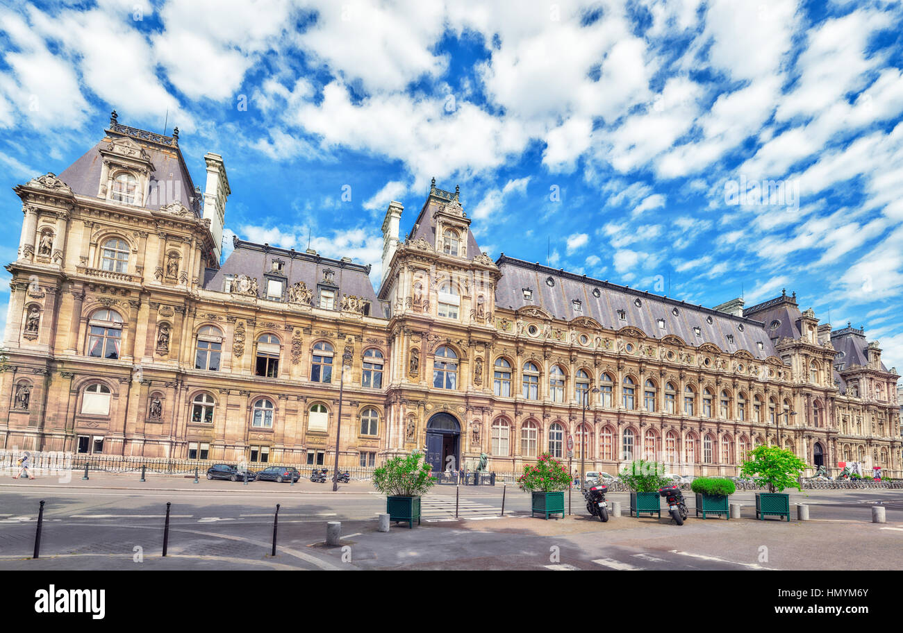 PARIS, FRANCE - JULY 08, 2016 : Hotel de Ville in Paris, is the building housing city's local administration,it has been the headquarters of the munic Stock Photo