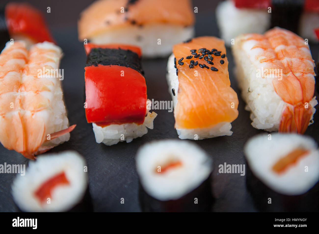 Sushi platter closeup in restaurant Stock Photo Alamy