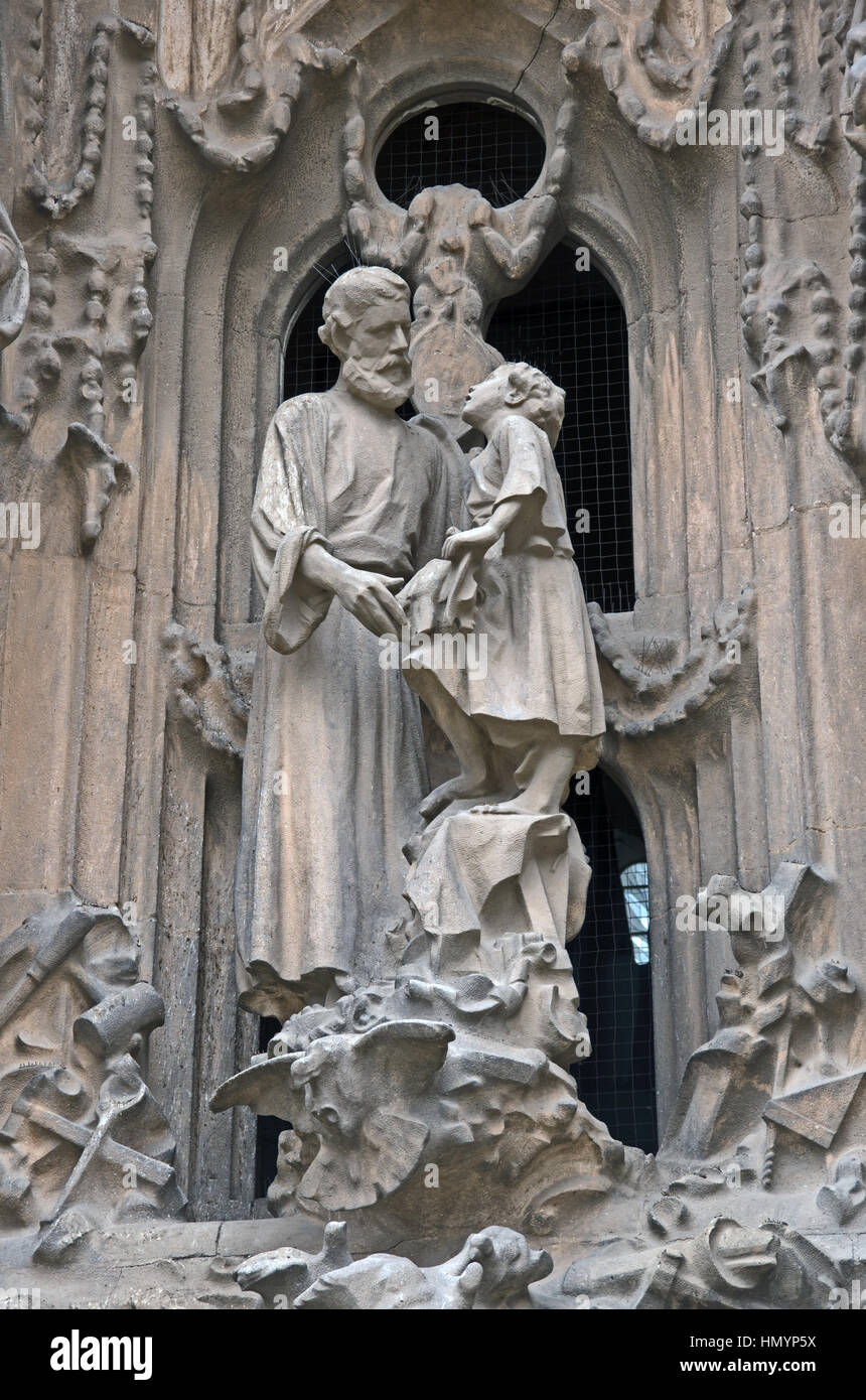 Antoni Gaudi Sagrada Familia Church, Facade Religios Statues, Barcelona, Spain, Europe, Stock Photo