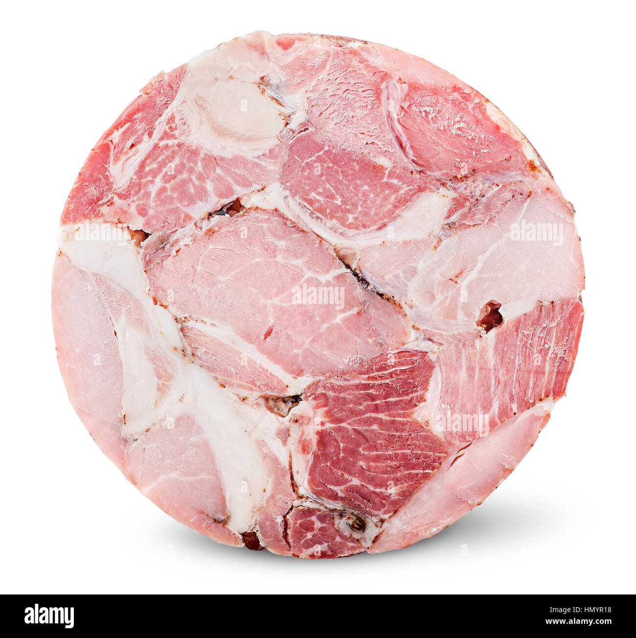 Cut slice of ham isolated on white background Stock Photo
