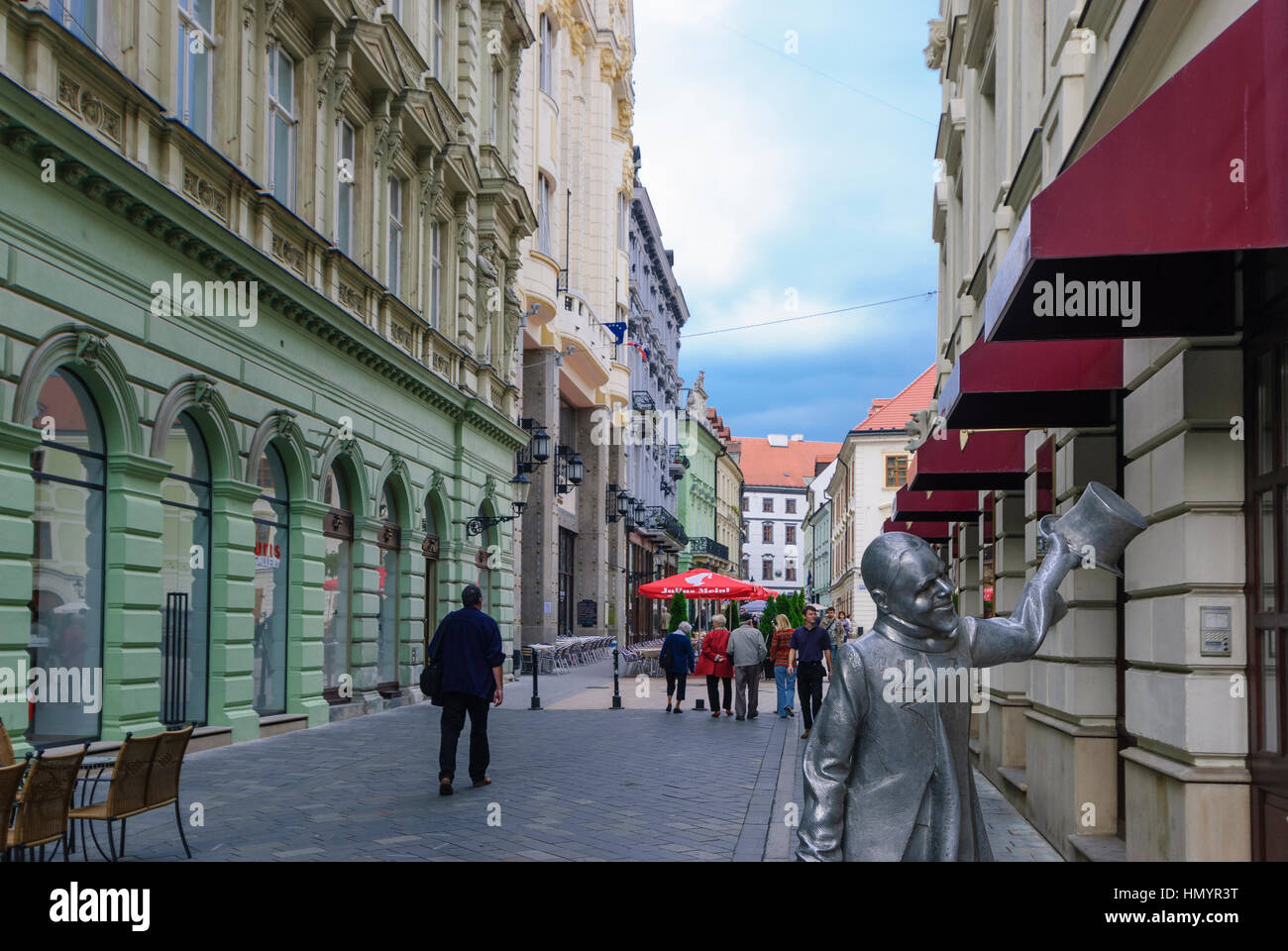 Bratislava (Pressburg): Old town; Street Rybarska brana with statue of 'beautiful Naci', , , Slovakia Stock Photo