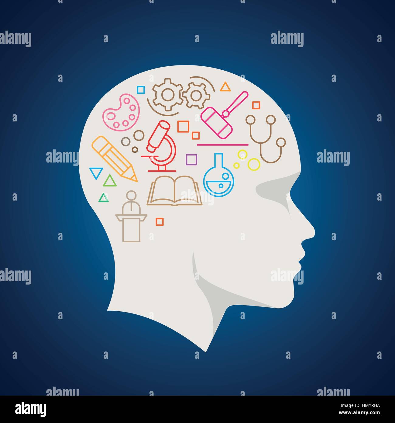 Vector all sciences symbols in human brain. Concept illustration. Stock Vector