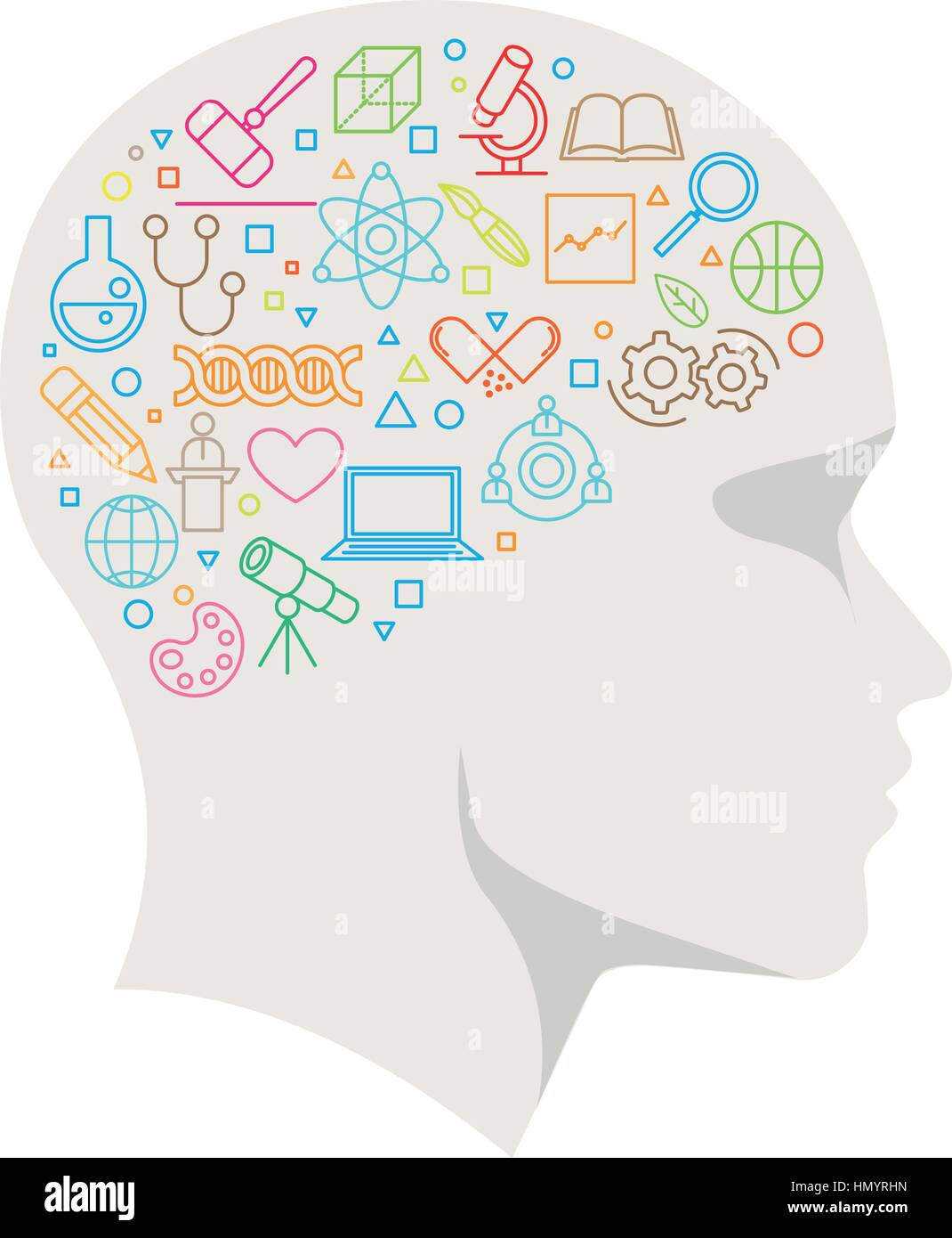 Vector all sciences symbols in human brain. Concept illustration. Stock Vector