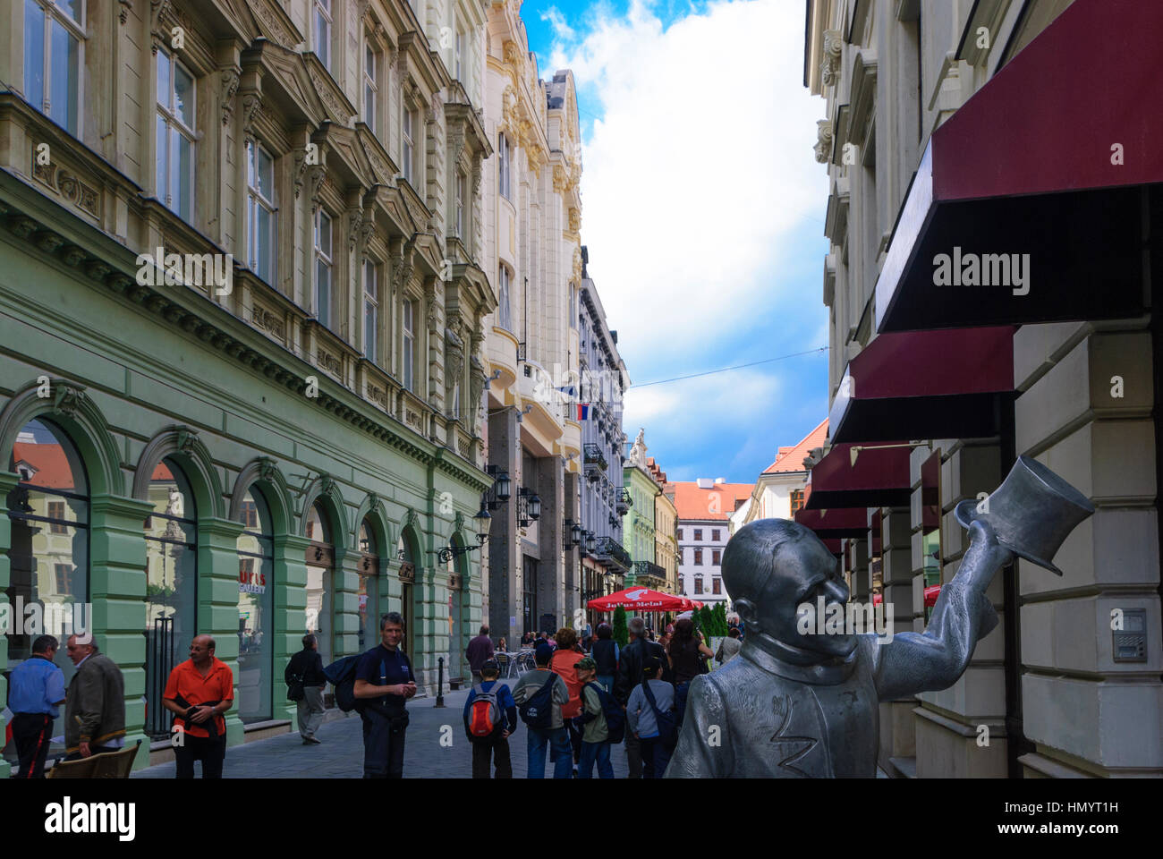 Bratislava (Pressburg): Old town; Street Rybarska brana with statue of 'beautiful Naci', , , Slovakia Stock Photo