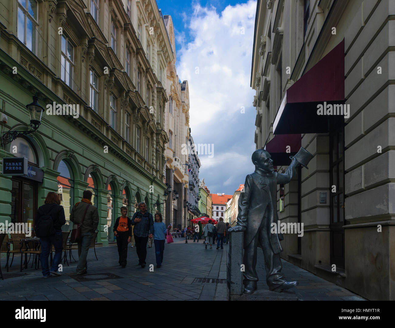 Bratislava (Pressburg): Old town; Street Rybarska brana with statue of 'beautiful Naci', , , Slovakia Stock Photo