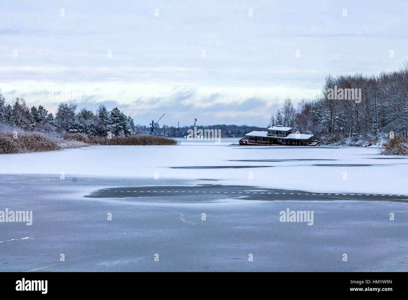 Lake exiting the Pripyat river to the river port Pripyat. Stock Photo