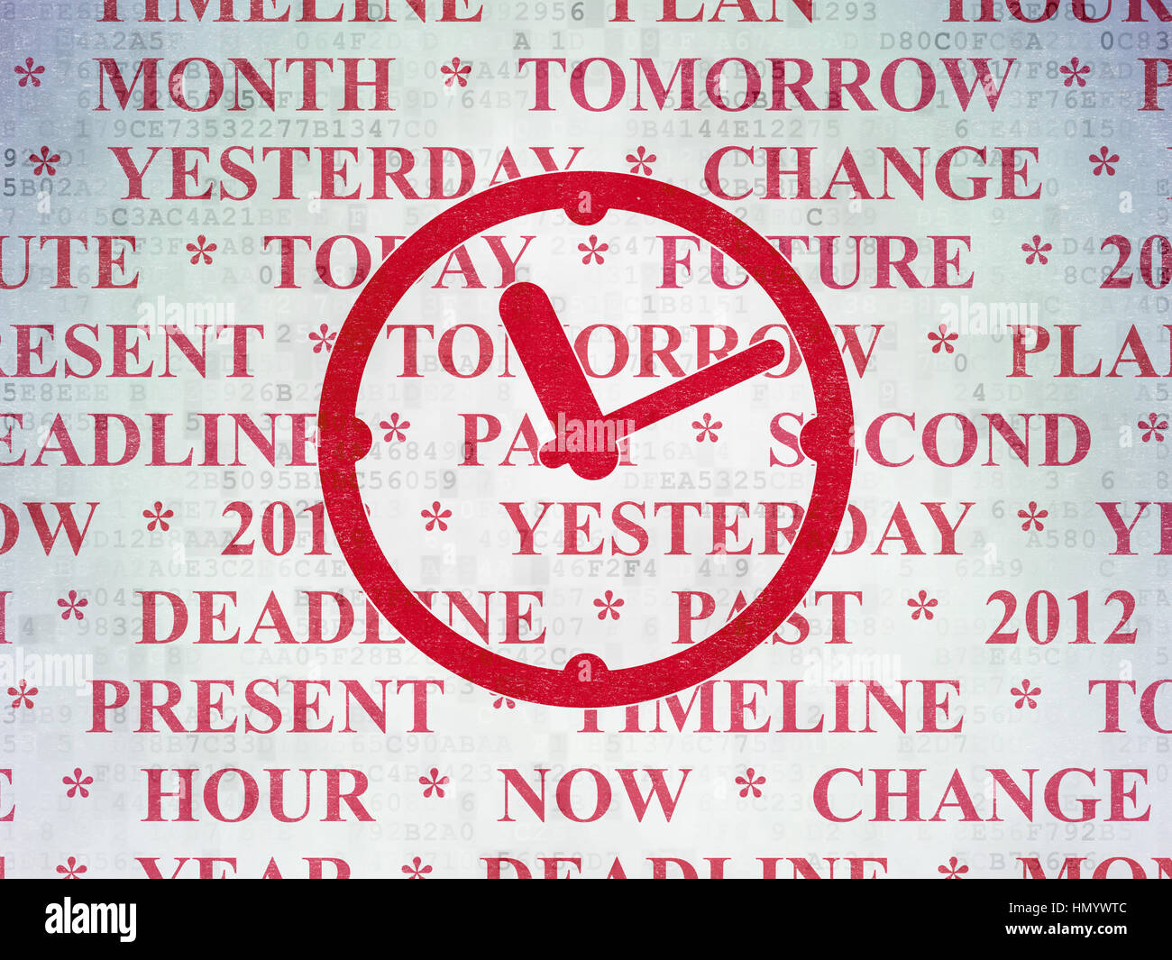 Time concept: Painted red Clock icon on Digital Data Paper background with  Tag Cloud Stock Photo
