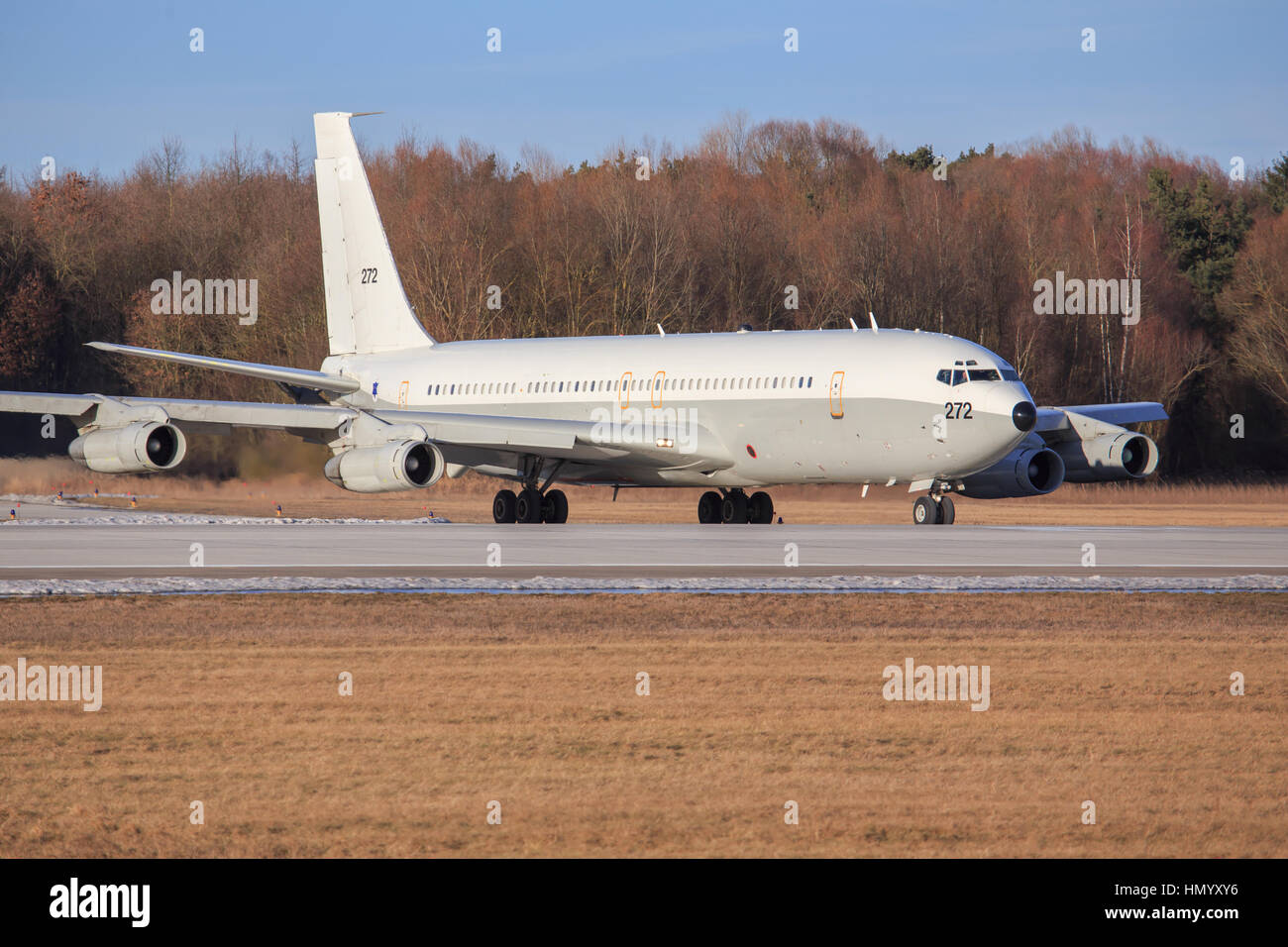 Manching/Germany Februar 10, 2015: Israel - Air Force Boeing 707-3L6C landing at Manching Airport. Stock Photo
