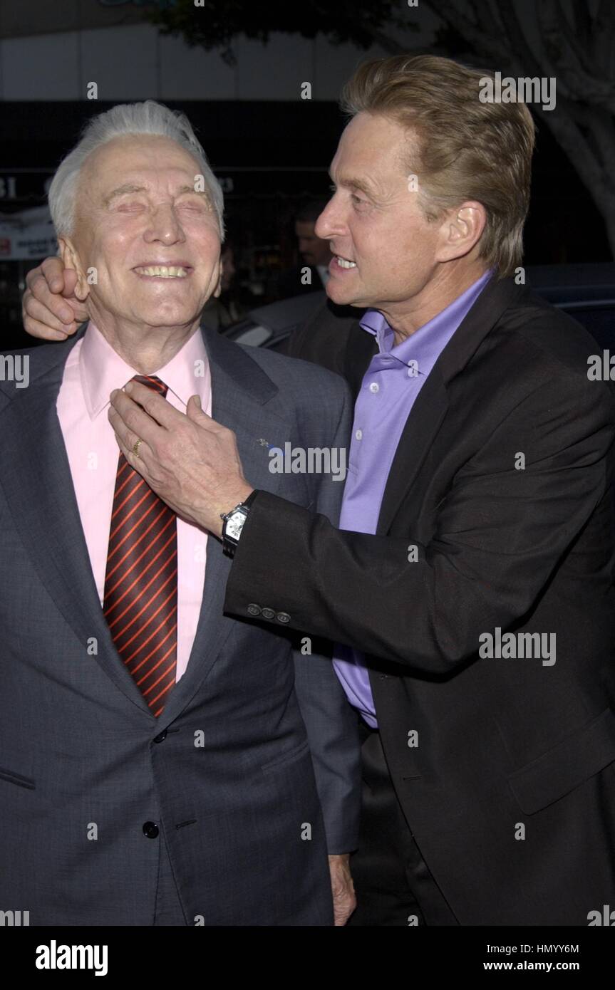 Father & son actors KIRK DOUGLAS & MICHAEL DOUGLAS at the Los Angeles premiere of their movie It Runs In The Family. April 7, 2003 Stock Photo