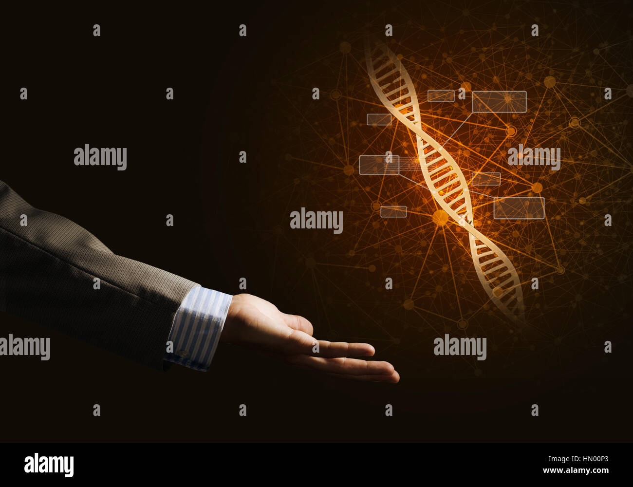 Close of businessman hand presenting DNA molecule research as concept ...