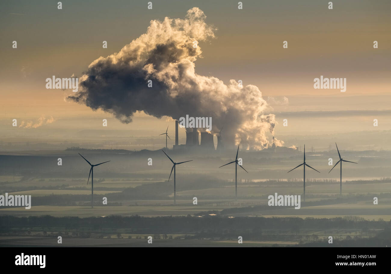 Smoke cloud from power plant Weisweiler, RWE Power AG, lignite-fired power plant and wind power plants, Eschweiler, Rhineland Stock Photo