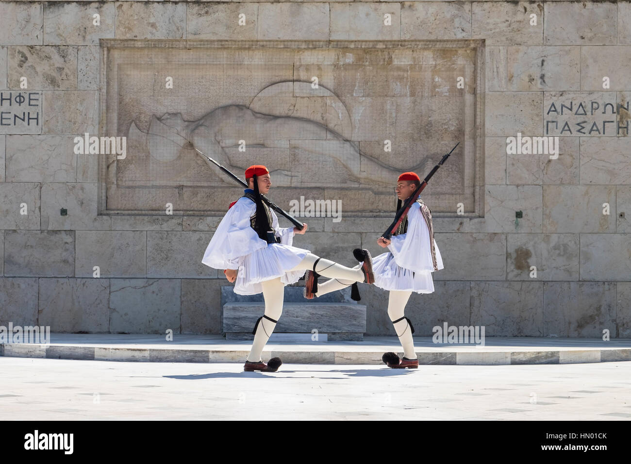 Changing of guards, Evzones in front of the Tomb of the Unknown Soldier, Syntagma Square, Athens, Greece Stock Photo