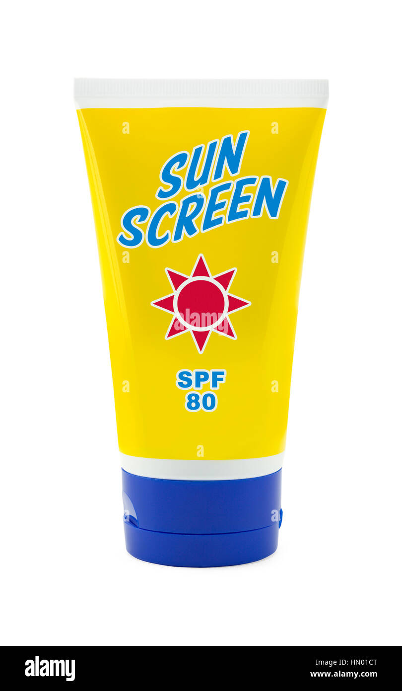 Sun Screen Lotion in Yellow Tube Isolated on White Background. Stock Photo