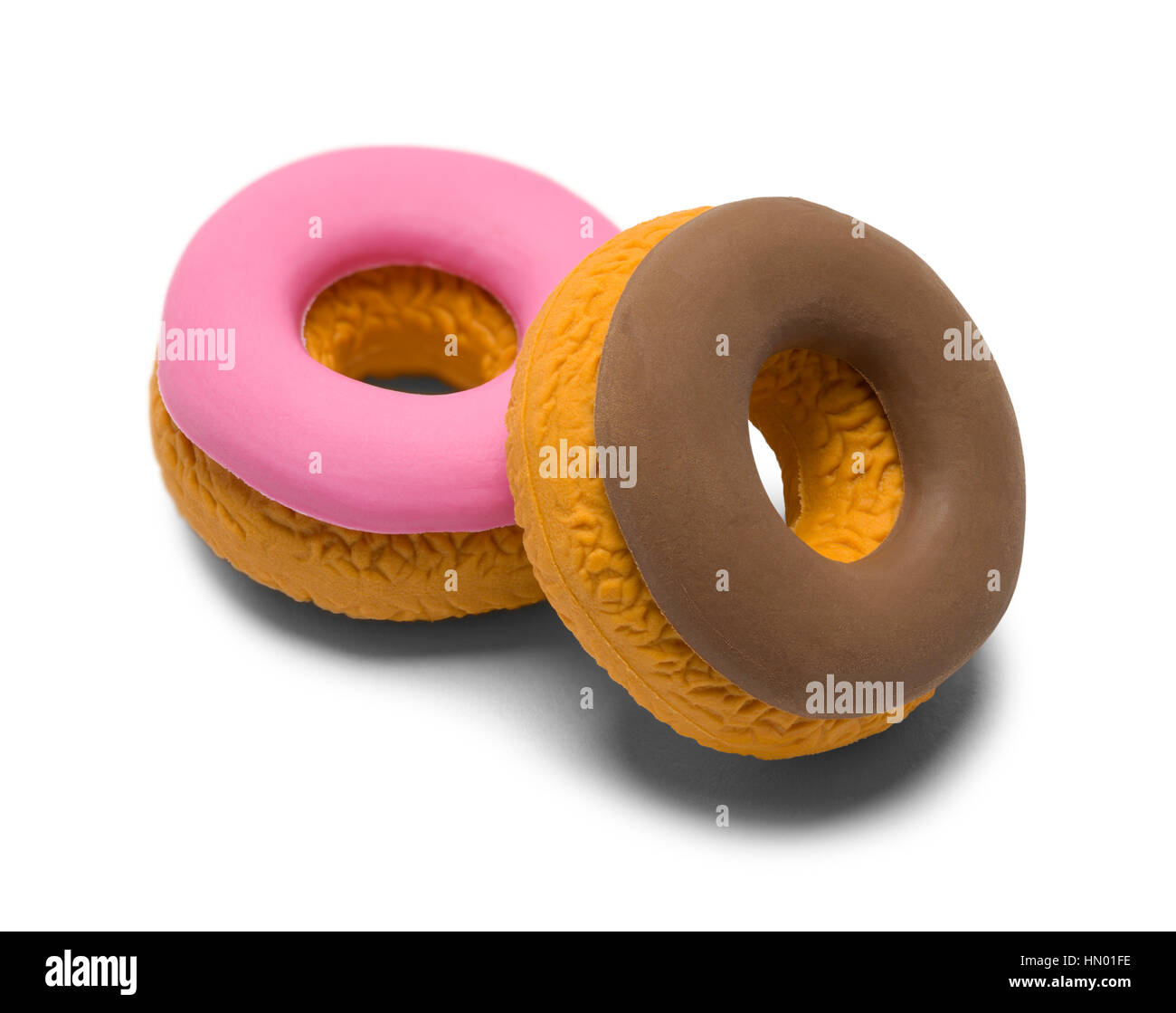Pink and Chocolate Rubber Eraser Donuts Isolated on White Background. Stock Photo