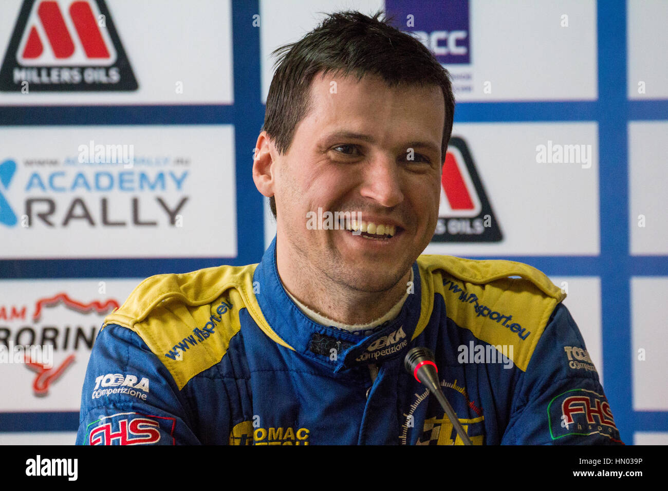 Moscow, Russia - Apr 18, 2015: Driver Myachin Dmitriy during a press conference after the Rally Masters Show 2015. Stock Photo