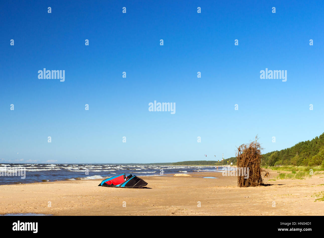 Wing for kite surfing is dried on shore of Finnish Gulf in Estonian sea resort Narva-Joesuu. Kiting it's aquatic sport, motion under gravity developin Stock Photo