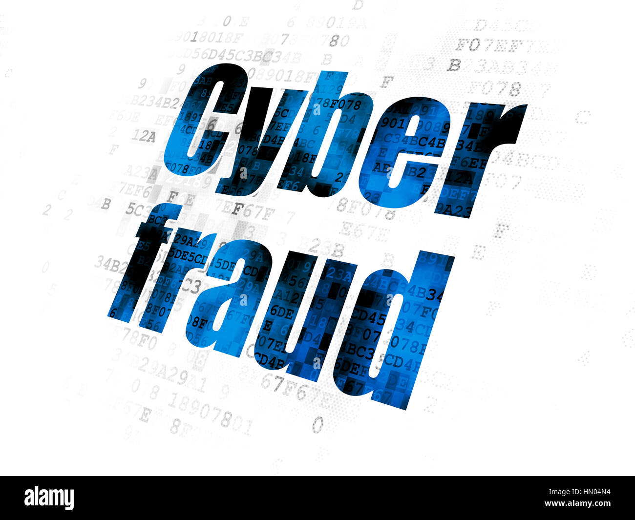 Protection concept: Pixelated blue text Cyber Fraud on Digital ...