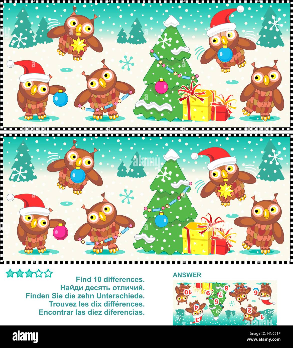 Christmas owls find the differences picture puzzle Stock Vector