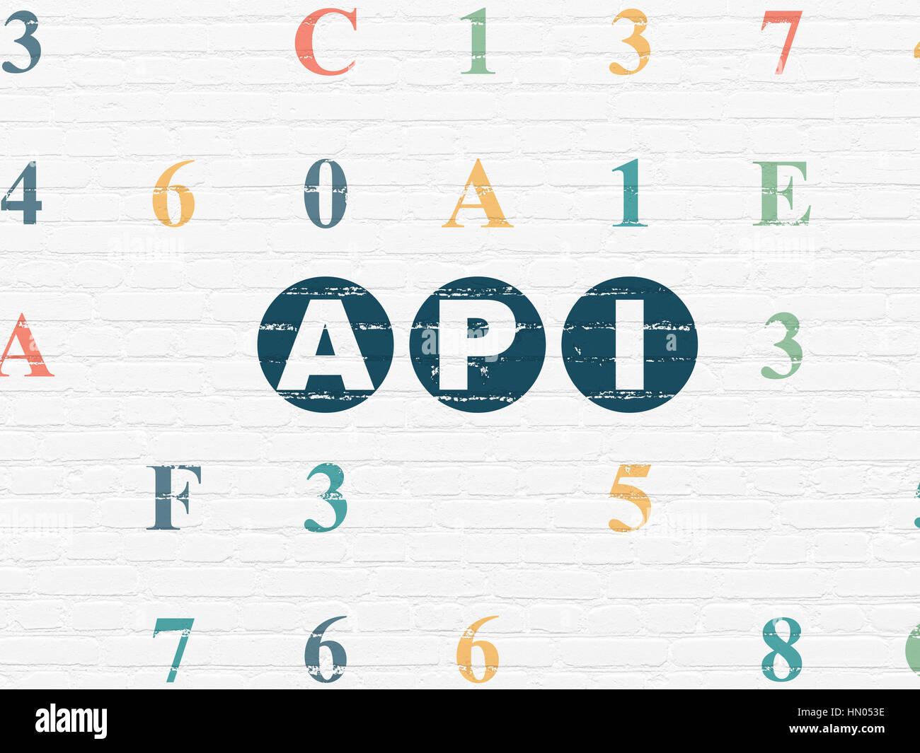 Programming concept: Painted blue text Api on White Brick wall ...