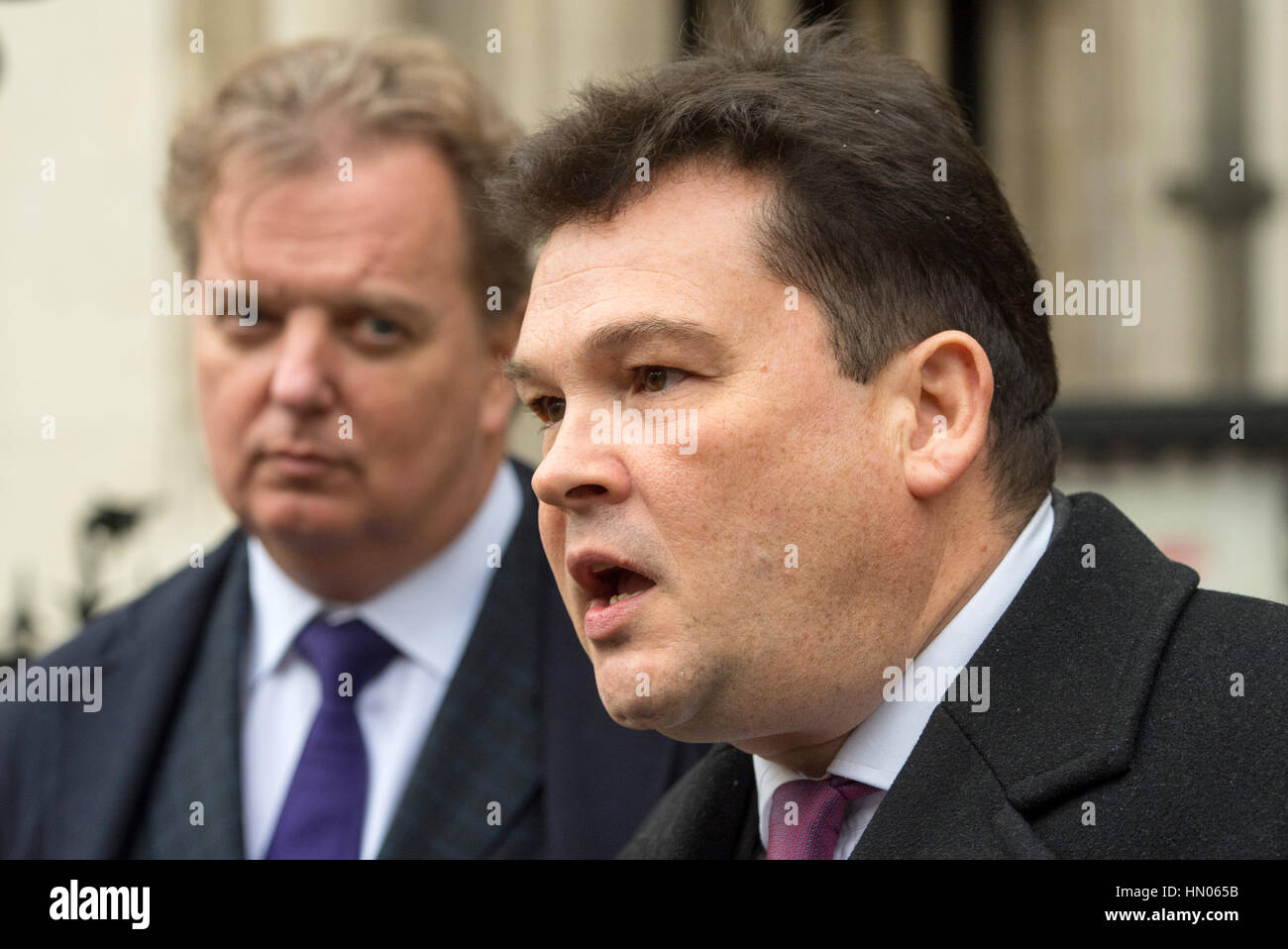 Peter Wilding, chairman of the pro-Europe pressure group British Influence (left) and Adrian Yallard speak to the media outside the Royal Courts of Justice, in central London where their fresh legal challenge over Brexit has been blocked. Picture date: Friday February 3, 2017. A group of campaigners who want a 'soft Brexit' and to keep Britain in the European single market asked two judges in London for permission to seek a ruling that Parliament must separately give permission before the Government can pull out of the European Economic Area (EEA). See PA story COURTS Brexit. Photo credit shou Stock Photo