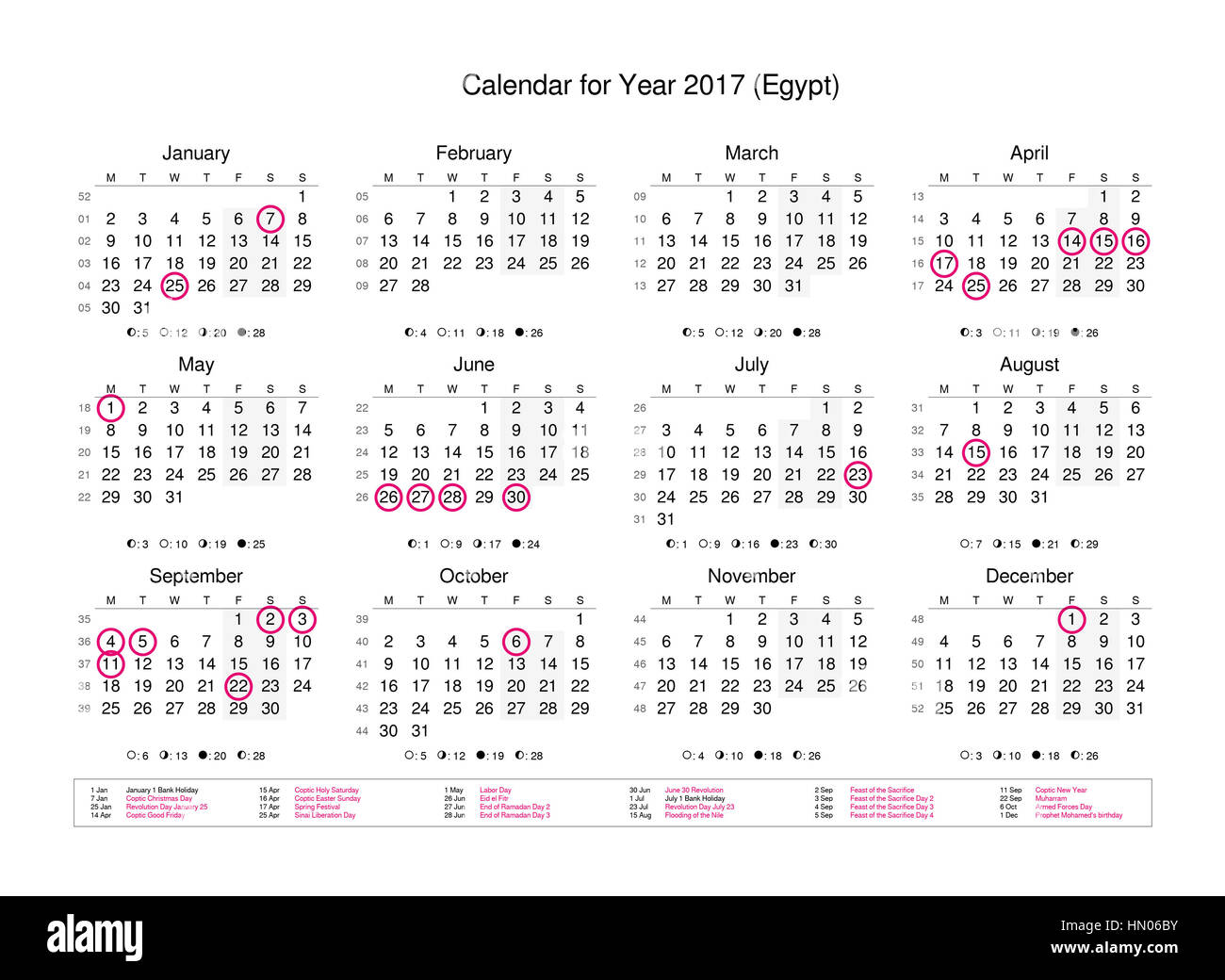 Calendar of year 2017 with public holidays and bank holidays for egypt