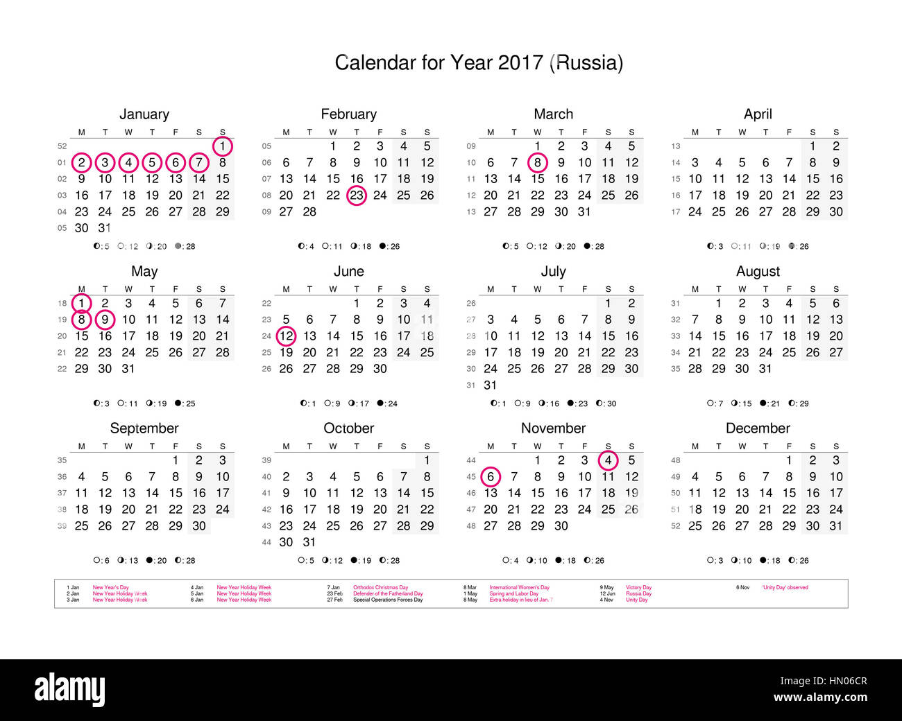 Calendar of year 2017 with public holidays and bank holidays for russia