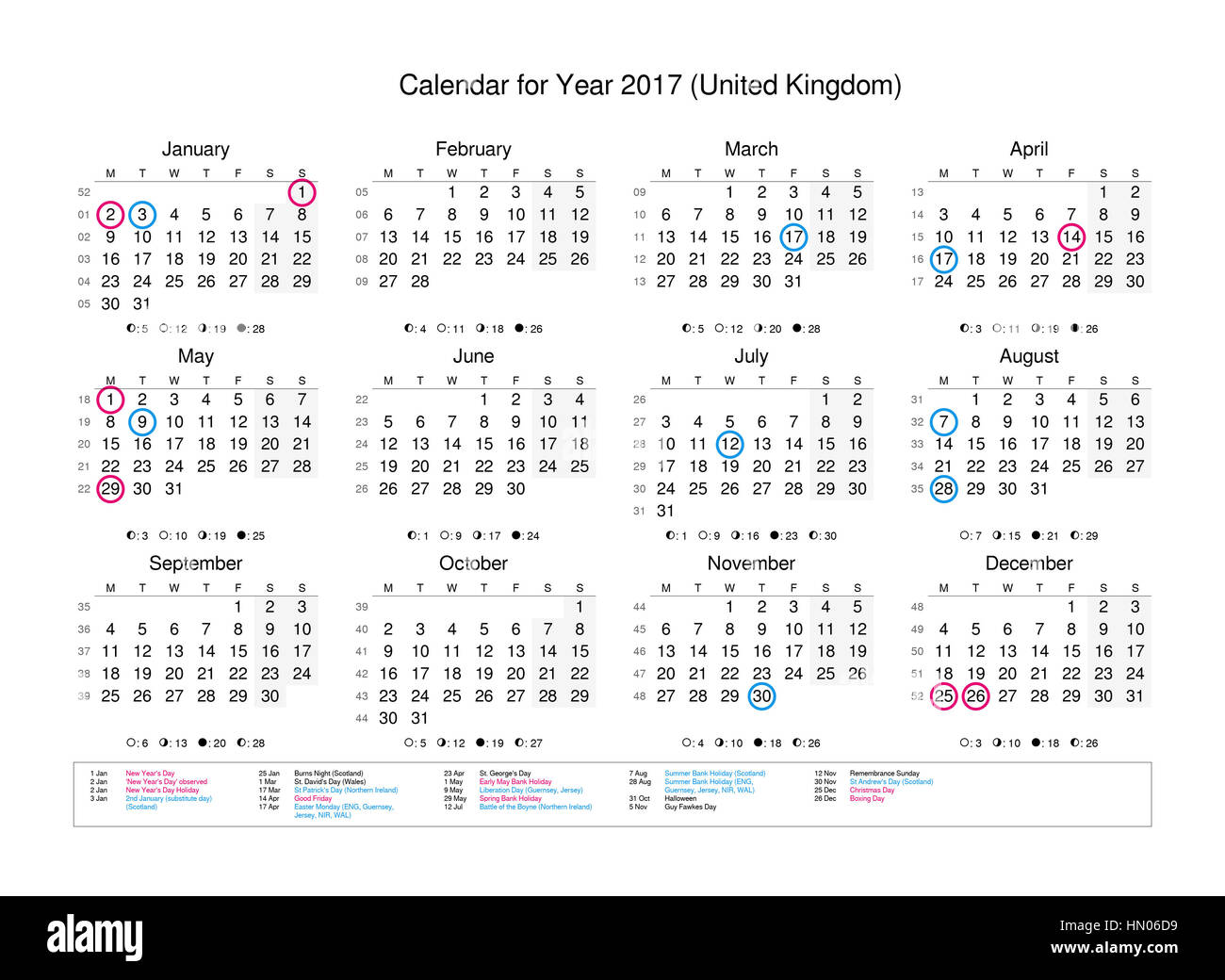 Calendar of year 2017 with public holidays and bank holidays for UK (England) Stock Photo