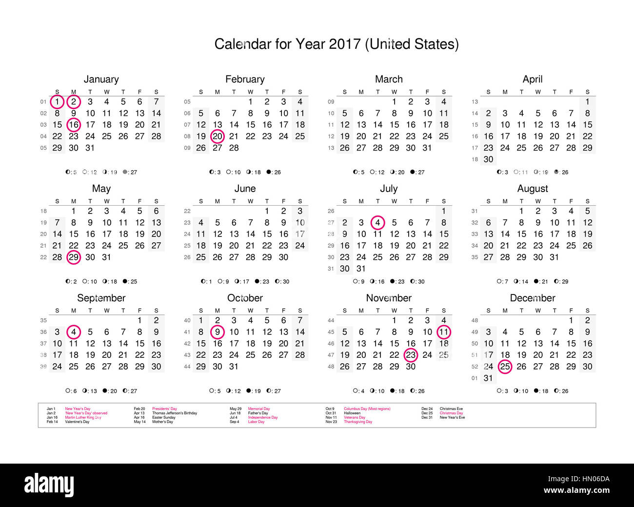 Calendar of year 2017 with public holidays and bank holidays for us