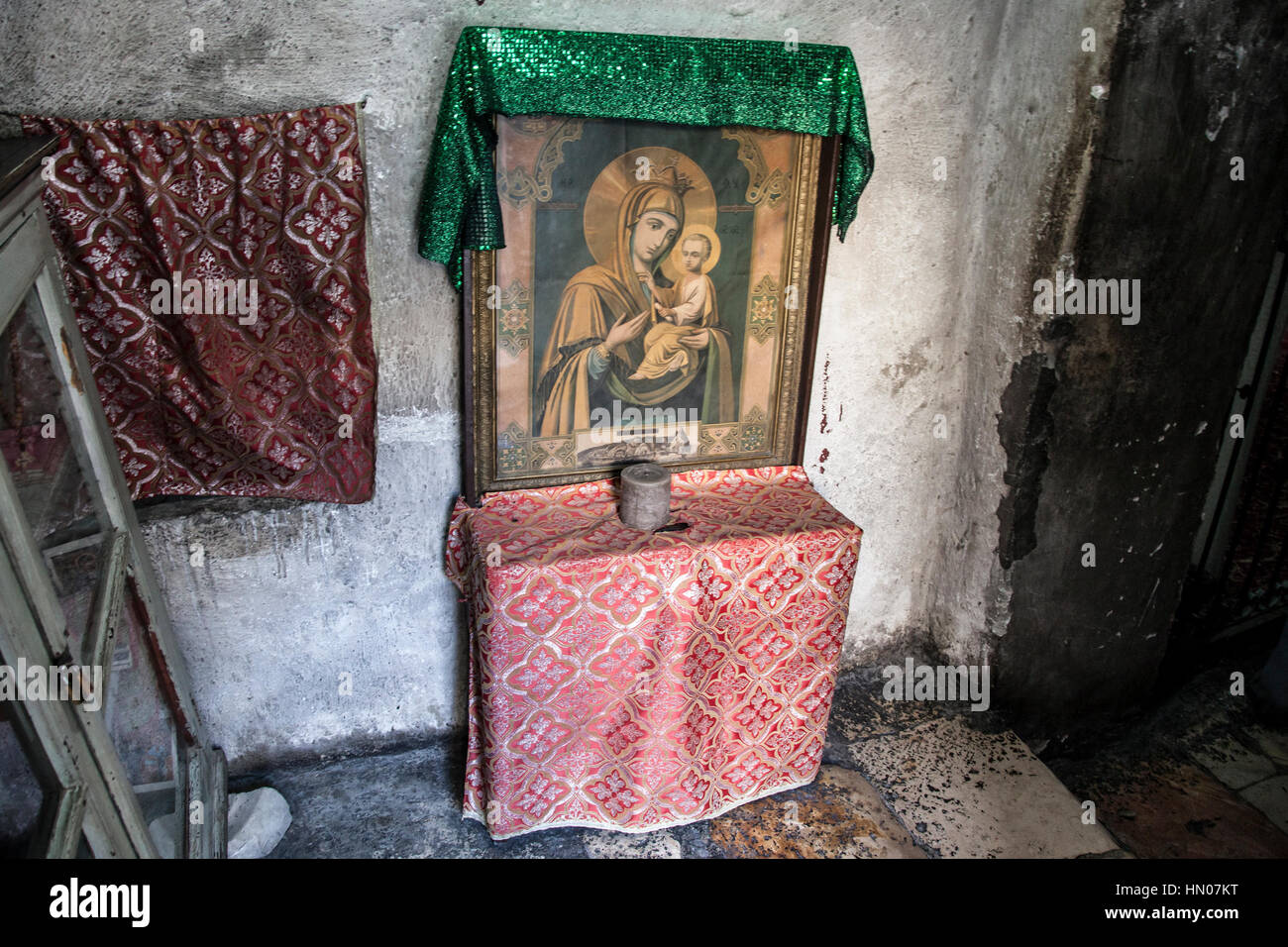 Jerusalem, Israel - October 27, 2013: Mary with the Child in an entrance to the Ethiopian chapel in the Church of the Holy Sepulchre in Jerusalem. Stock Photo