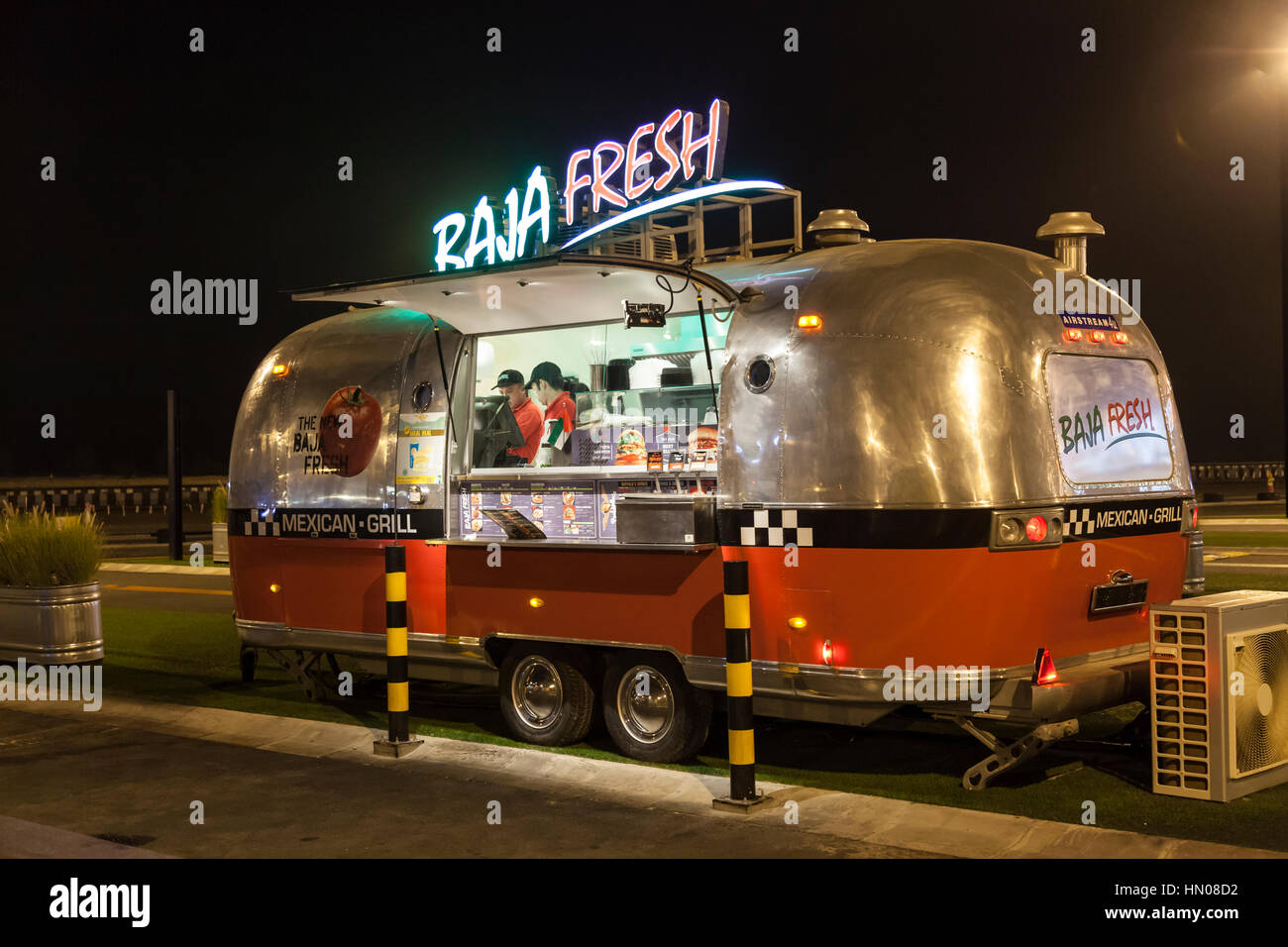 DUBAI, UAE - DEC 4, 2016: Airstream caravan food truck at the Last Exit food trucks park on the E11 highway between Abu Dhabi and Dubai Stock Photo