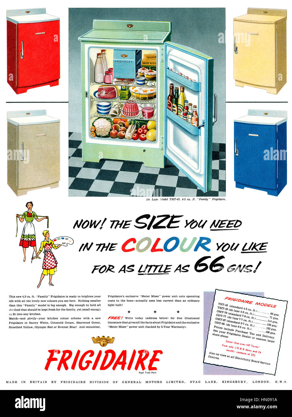 1955 British advertisement for Frigidaire Refrigerators Stock Photo