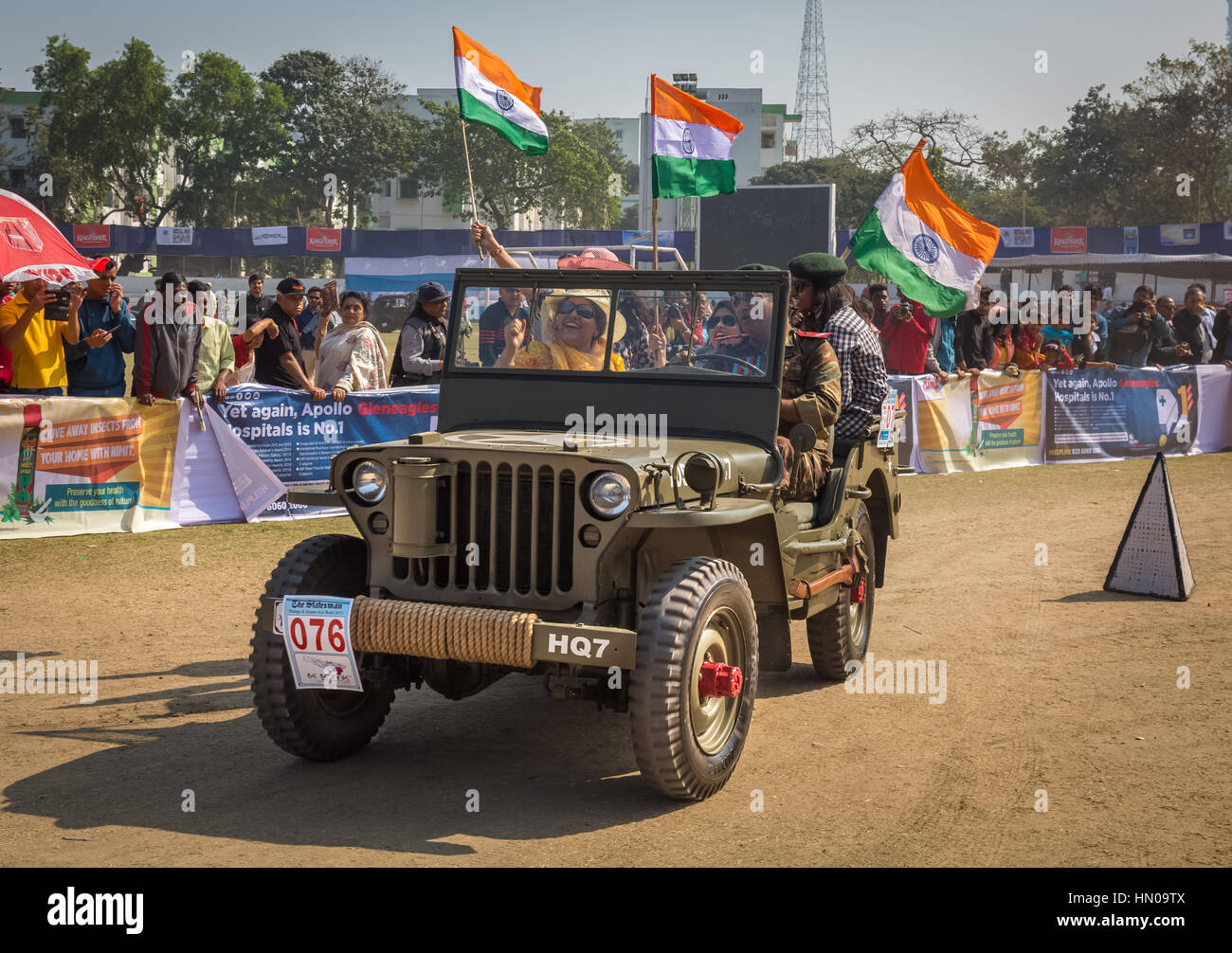 Willys Jeep vintage car after flag off from Fort William at the Statesman Classic and Vintage Car Rally 2017 at Kolkata India Stock Photo