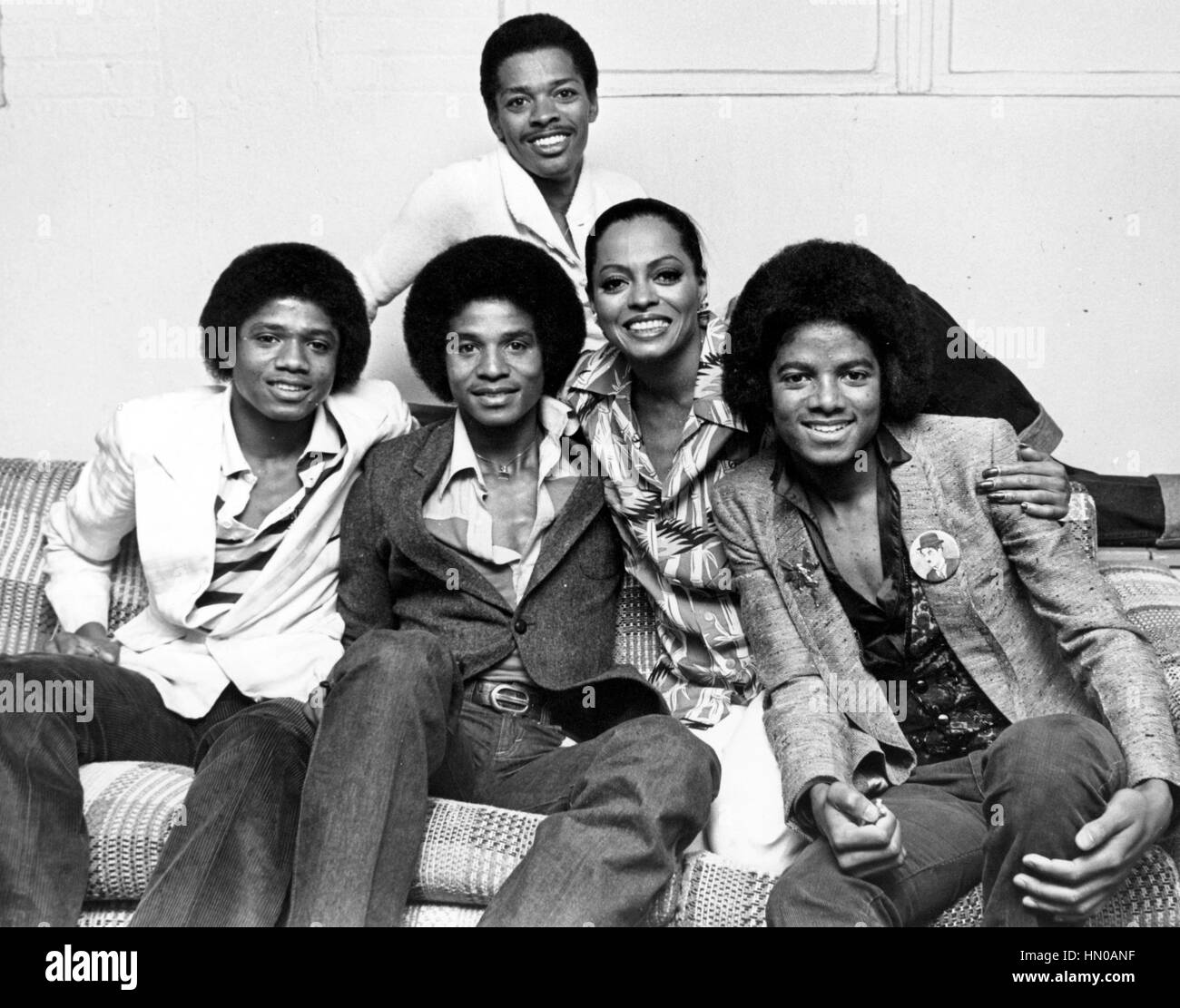 Diana Ross and her brother with Michael Jackson and his brothers in 1975. Stock Photo