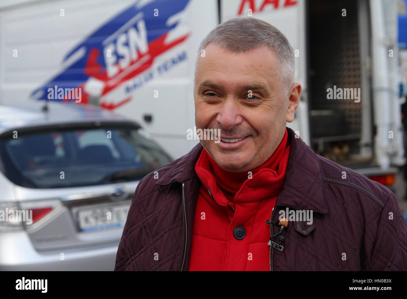 Moscow, Russia - Apr 18, 2015: Head of Department of Physical Fitness and Sports Moscomsport Alexey Vorobyov during Rally Masters Show 2015 at Krylats Stock Photo