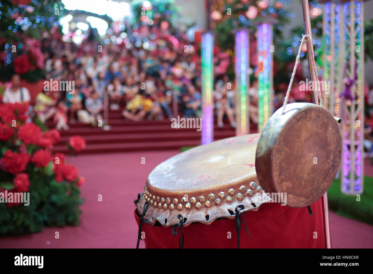 Drum and gong of the Lion dance show at Pavillion shopping mall, Kuala