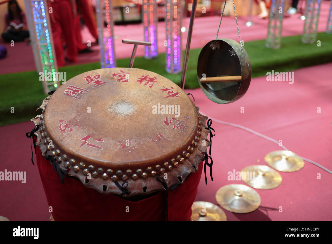 Drum, gong and cymbals of the Lion dance show at Pavillion