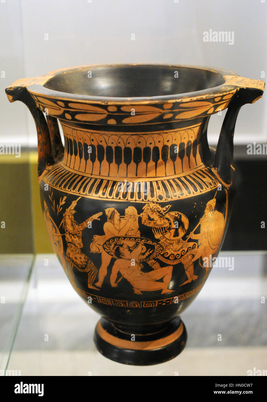 Krater with decoration depicting Greeks fighting Amazons. Second half of 5th century BC. Made in Athens. From Montesarchio. National Archeological Museum Sannio Caudino. Montesarchio. Italy. Stock Photo