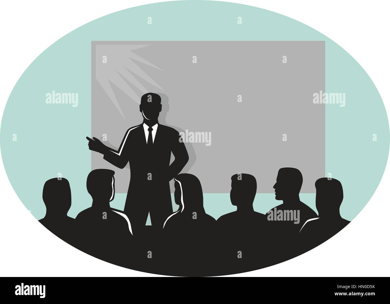 Illustration of a speaker talking in front of audience with a projector screen at the back set inside oval shape done in retro woodcut style . Stock Vector