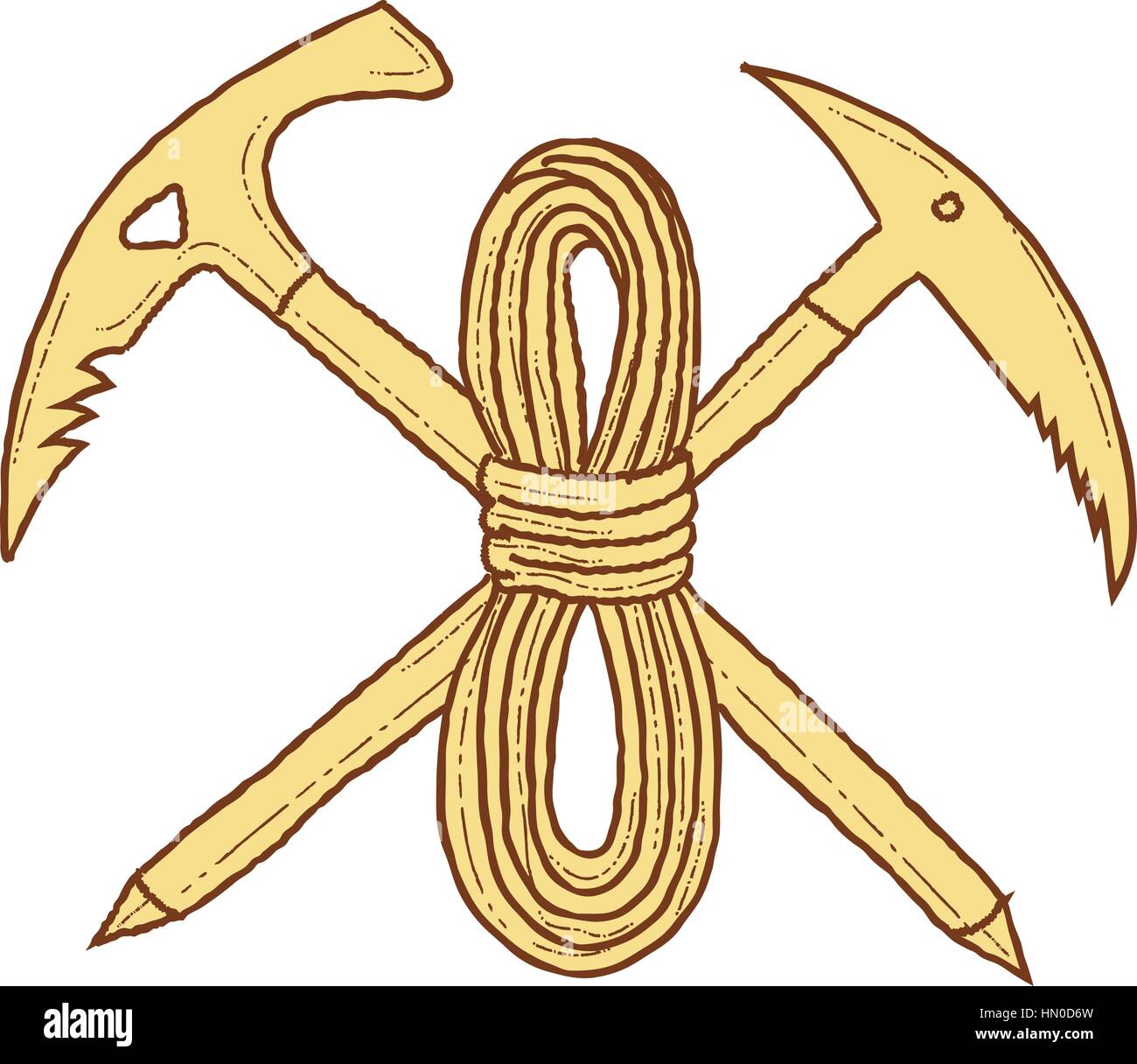Drawing sketch style illustration of a mountain climbing pick axe crossed with rope viewed from front set on isolated white background. Stock Vector