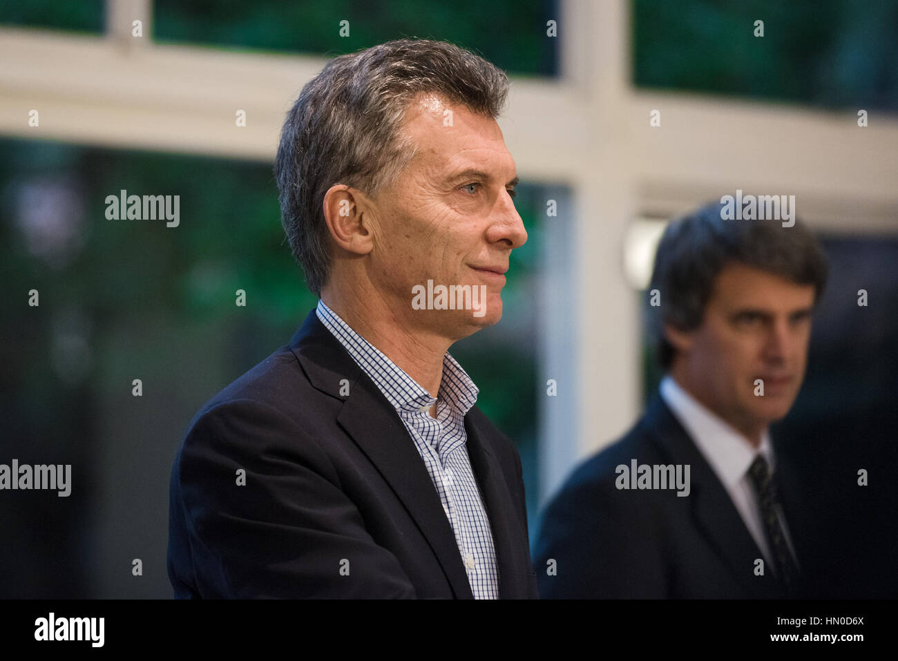Olivos, Argentina - May 6, 2016: President of Argentina Mauricio Macri L, Finance Minister Alfonso Prat-Gay R during a press conference. Stock Photo