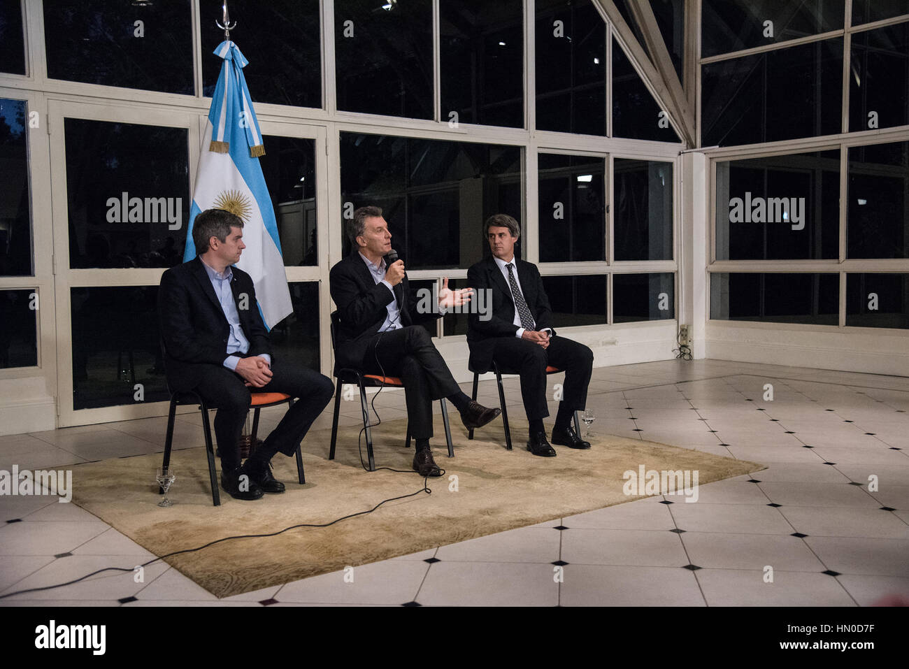 Olivos, Argentina - May 6, 2016: President of Argentina Mauricio Macri (C), Finance Minister Alfonso Prat-Gay (R) and Cabinet Chief Marcos Pena. Stock Photo