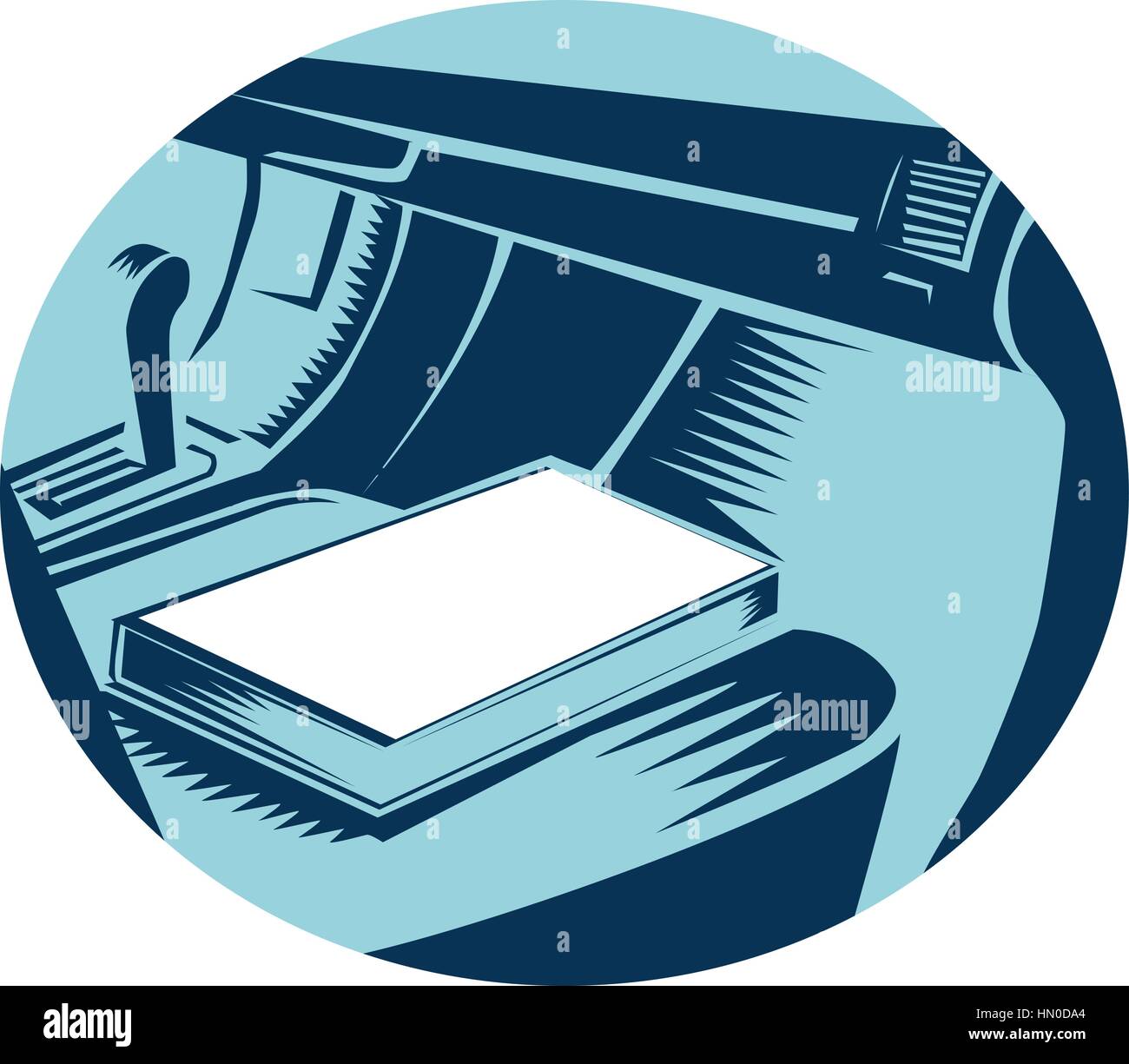 Illustration showing Close up of The Book sitting on the passenger seat of car set inside oval shape done in retro woodcut style. Stock Vector