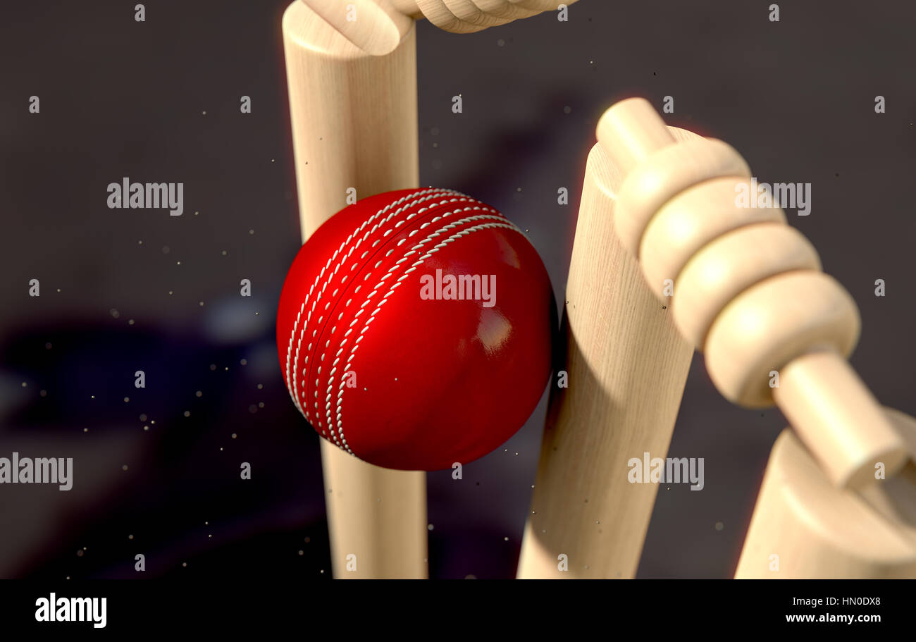 A close up of a red leather stitched cricket ball hitting wooden wickets with dirt particles emanating from the impact in the daytime - 3D render Stock Photo