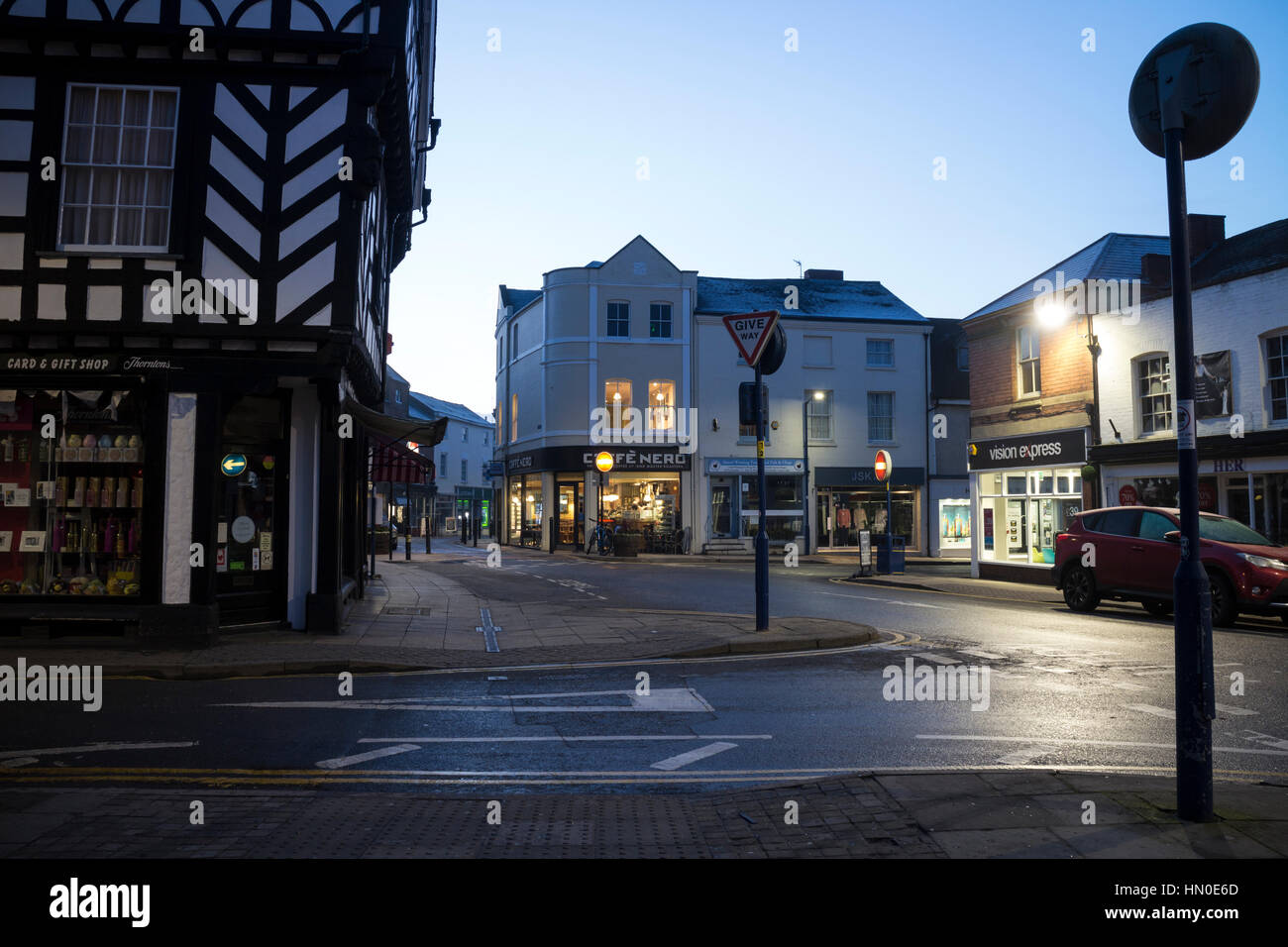 Old Square at dawn, Warwick town centre, Warwickshire, UK Stock Photo